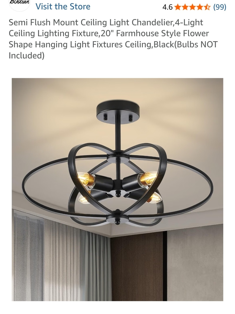 Black 4-Light Semi Flush Mount Ceiling Light Chandelier - Modern Farmhouse